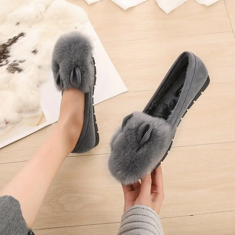 

Женские теплые туфли на плоской подошве, зимние плюшевые туфли с кроличьими ушками внутри в Сибирском стиле, Размеры 33-43