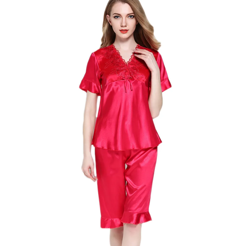 JAYCOSIN Hot Women Sleepwear Pyjama Sets Strap Lace Trim Satin Nightwear Femme Sexy Home Plus Size Short Sleeve | Женская одежда