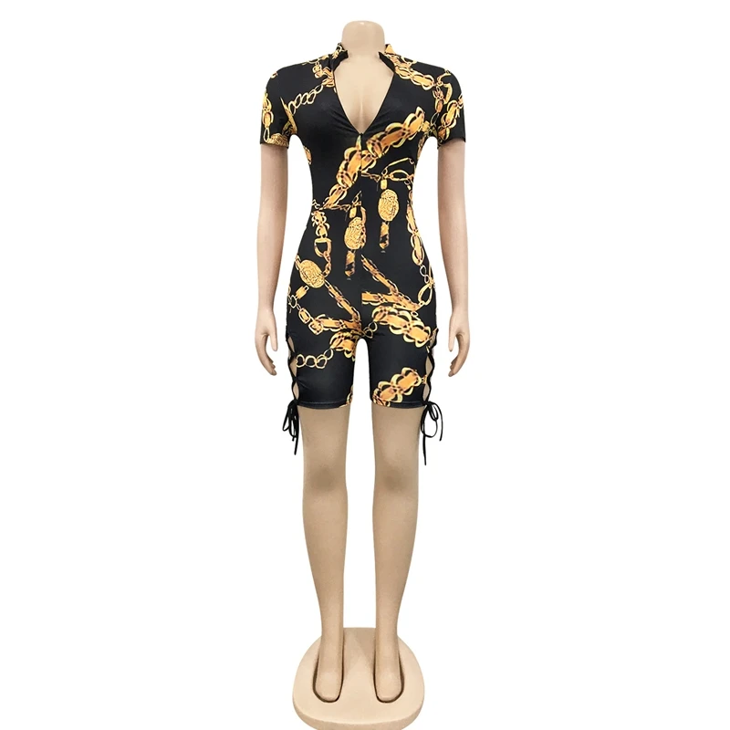 

STYLISH LADY Chain Leopard Snake Printed Rompers and Jumpsuits 2021 Summer Women Short Sleeve Zipper Bodycon Club Party Playsuit