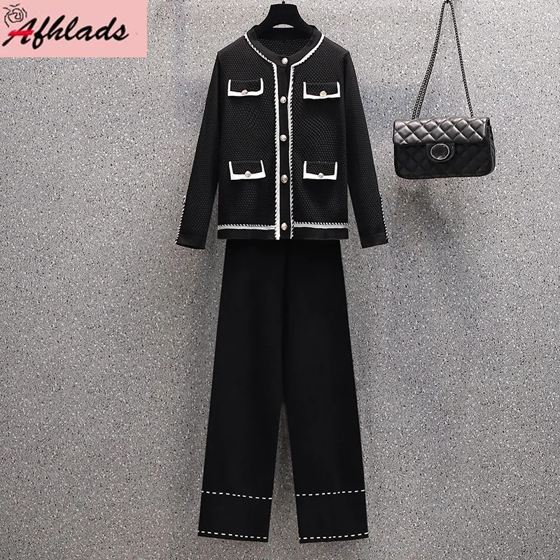 

Autumn Plus Size Women's Outfits Long Sleeve Cardigan Knitted Patchwork Jacket Coats + Wide Leg Pants Casual Two-Piece Sets