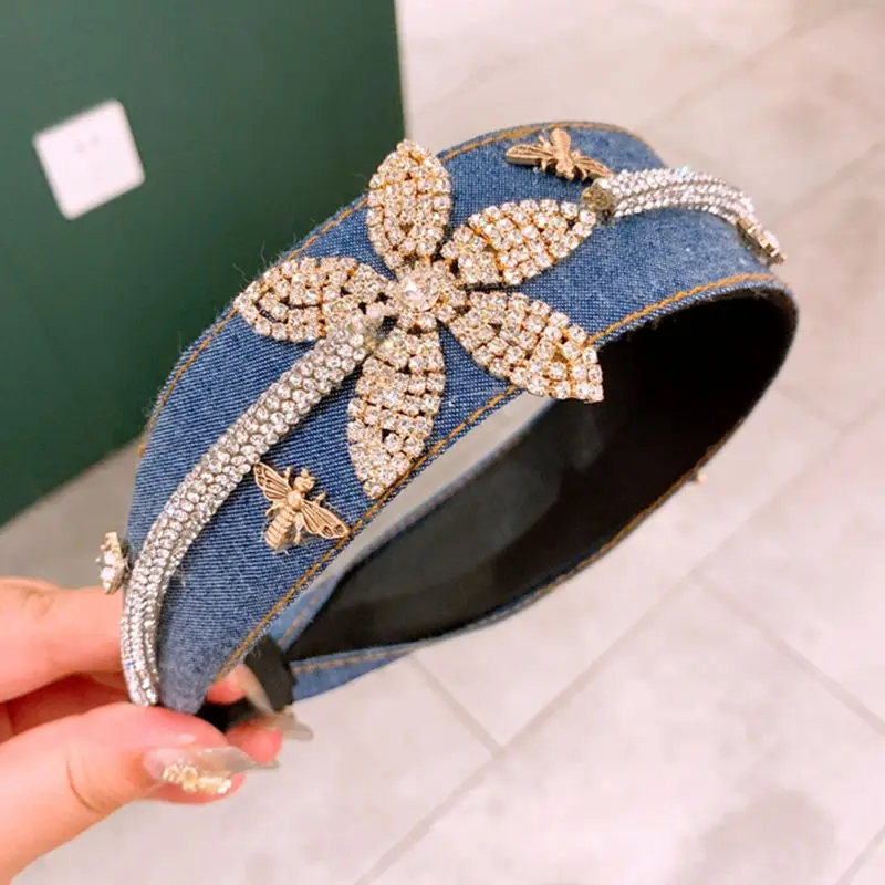 

New Korean Fashion Blue Denim Headbands Jean Fabric Hair Bands Rhinestone Flower Decoration Wide Sponge Hairbands