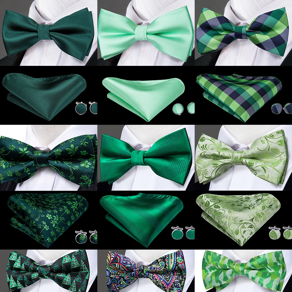 Hi-Tie-Corbata de lazo para hombre adulto, conjunto de 100% seda verde sólido para fiesta de boda, moda verde Floral, cuello, Bowite, bolsillo, Cuflinks cuadrados