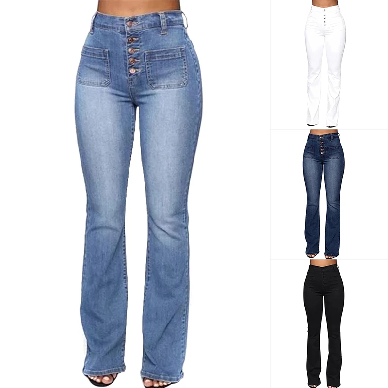 Потертые джинсы с высокой талией и пуговицами Женские повседневные длинные