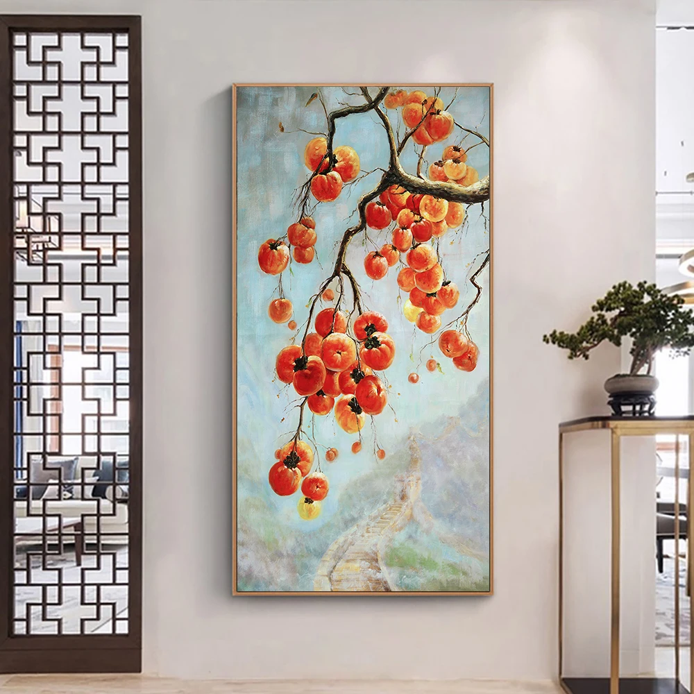 

Handpainted Oil Painting Traditional Chinese Persimmon Art Wall Picture Print on Canvas for Living Room Corridor Aisle Decor