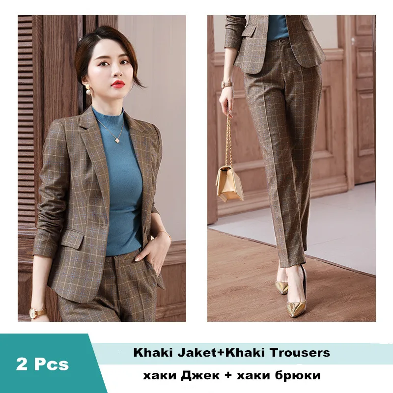 khaki pant suit Большой клетчатый брючный костюм женский модный профессиональный интервьюер комплект из 2 предметов куртка брюки офисный женский Рабочий костюм Femme 805 - Цвет: khaki pant suit