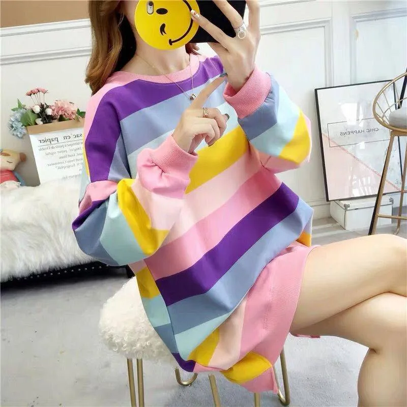 Женская толстовка в полоску смешная Толстовка Оверсайз Корейском стиле с