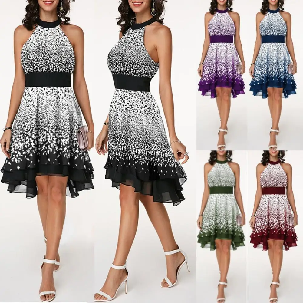 

Slim A-Line Dress Fashion Elegant Evening Party Casual Summer Sleeveless Band Waist Layered Chiffon Women Lady Female Plus Size