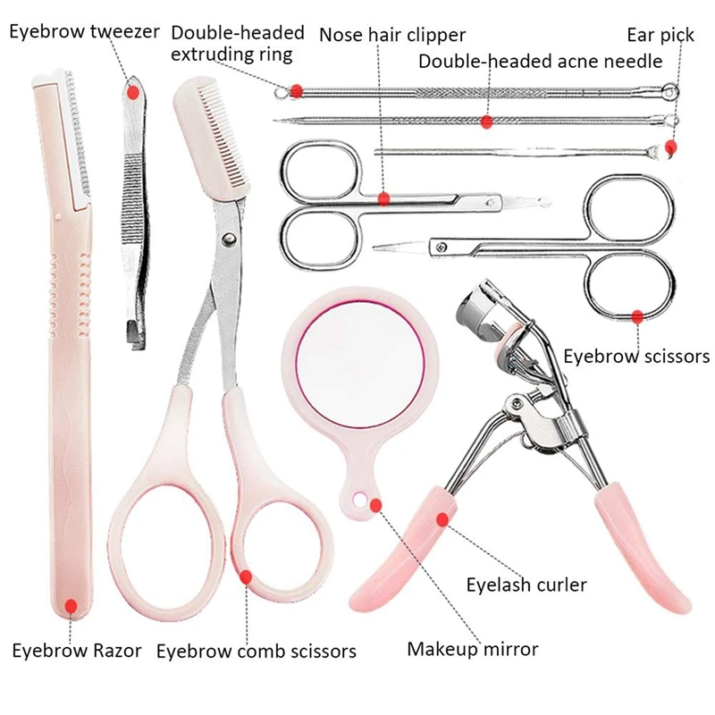 

10Pcs Eyebrow Grooming Kit Portable Curling Shaving Scissor Set Shapers Tweezer Eyebrow Grooming Kit