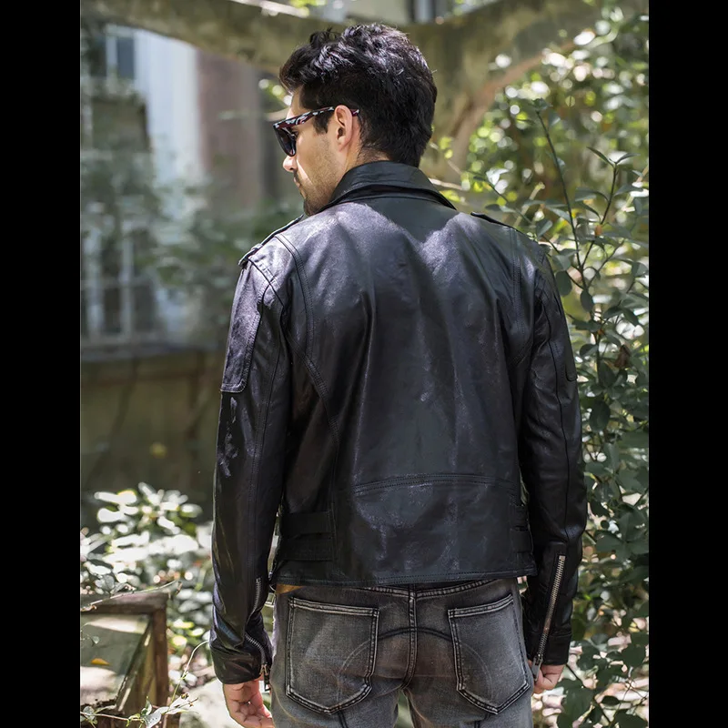 Куртка мужская из натуральной кожи модный Байкерский кожаный пиджак с двумя