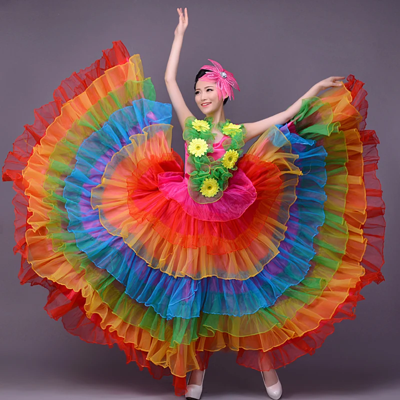 Красочные испанская коррида живота платье с широкой юбкой для танцев длинный