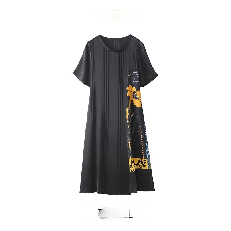 

2021 Women Spring Summer Casual Print Silk Dress Ladies O-neck Short Sleeve Pleated Dresses Female Elegant Plus Size Vestido K86