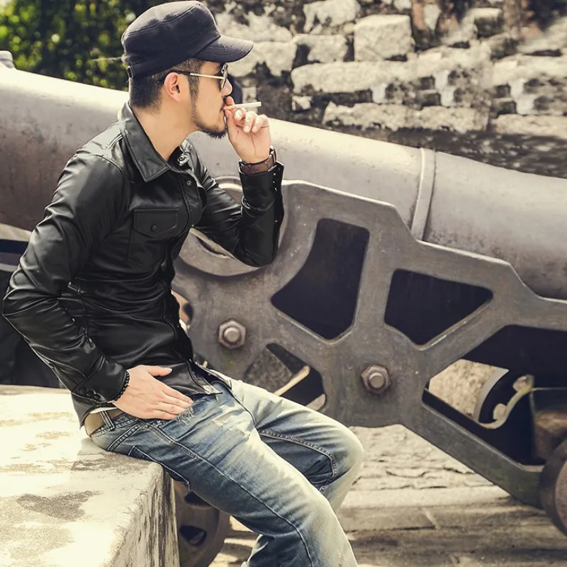 Рубашка мужская приталенная с длинным рукавом модная блуза из искусственной