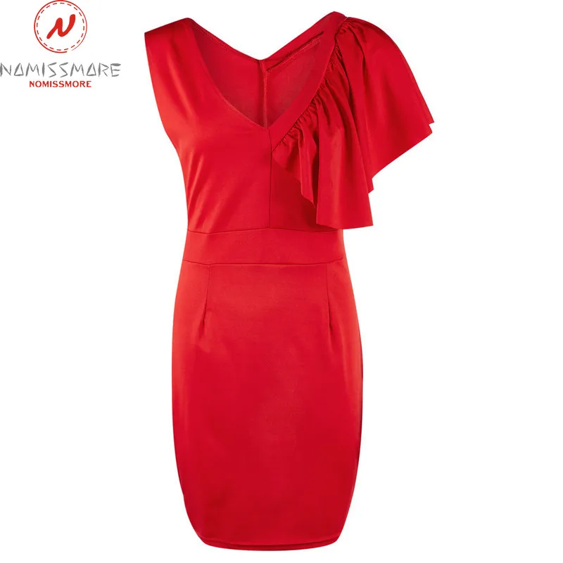 Elegant Women Bodycon Dress Patchwork Design Ruffles Decor V-Neck Sleeveless Solid Summer Mini Slim Hips Dress for Streetwear