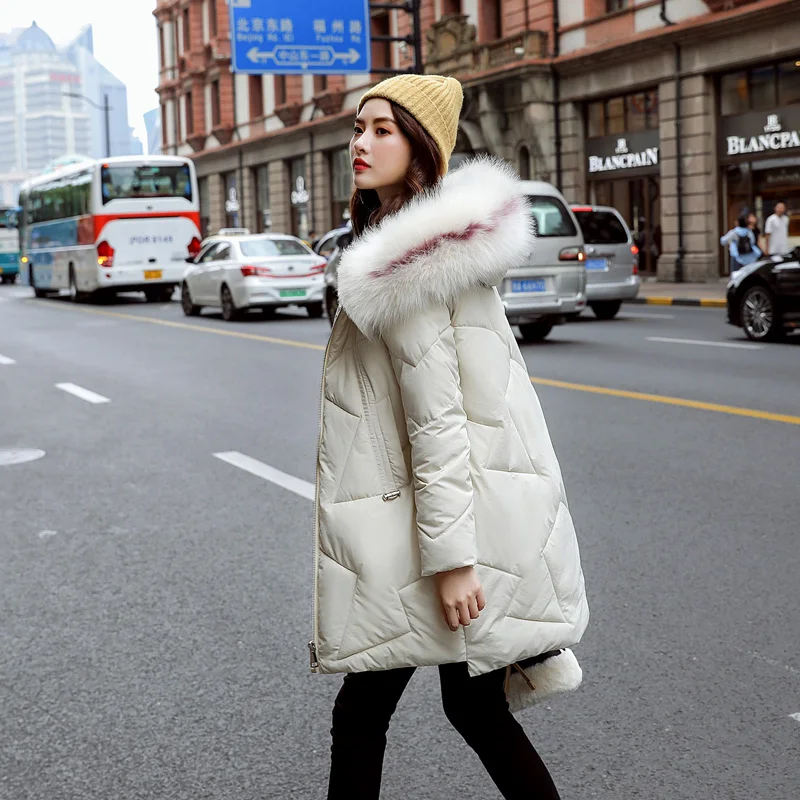 Зимняя куртка женская Повседневная однотонная с большим меховым воротником