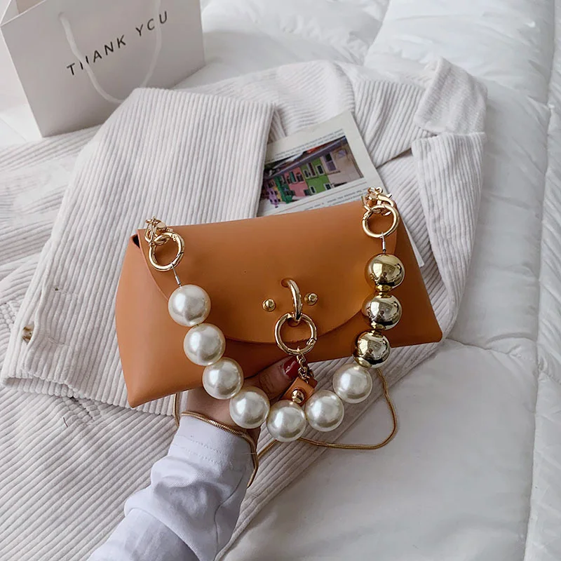 

PU Leather Luxury Designer Mini Handbags for Women 2021 Fashion Girls Female Casual Shopper Pearl Chain Decoration Crossbody Bag