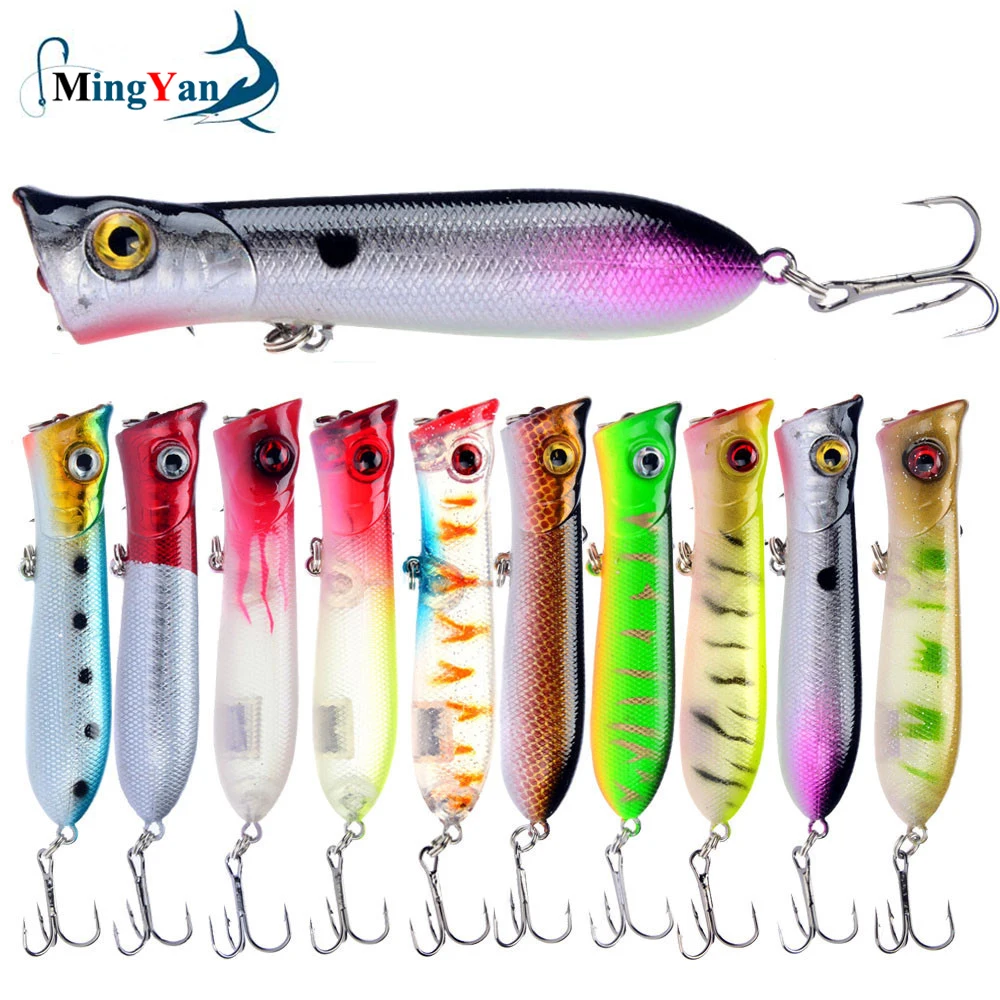 

Hot 1pcs Fishing Lures 8cm/12g Topwater Popper Bait 5 Color Hard Bait Artificial Wobblers Plastic Fishing Tackle with 6# Hooks