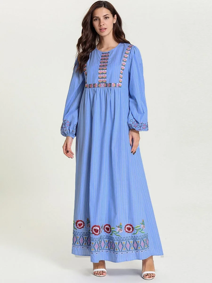 Abayas Дубай синяя полоса вышивка арабское платье для отдыха миди Исламская одежда
