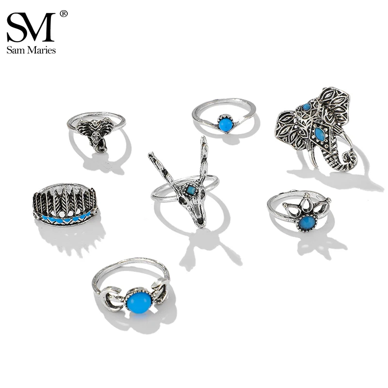 Комплект серебряных Ретро колец 7 шт. индийские перья слон амулет набор для