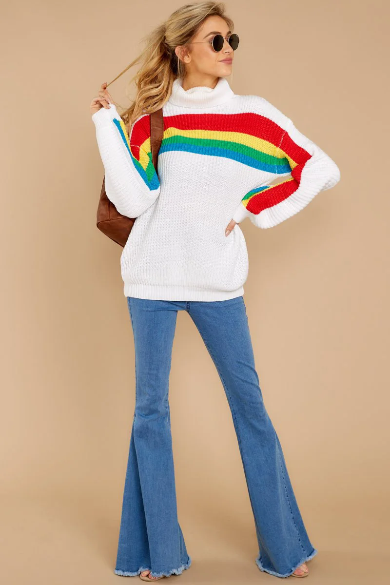 Fitshinling Rainbow Striped Women's Turtleneck Sweaters Winter Clothing White Pullover Korean Slim Jumper Knitted Sweater Sale | Женская