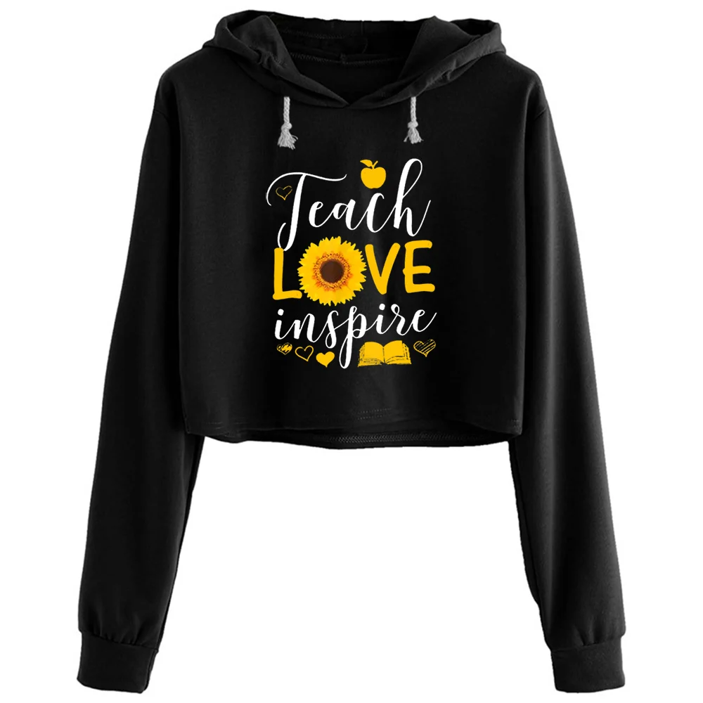 

Teach Love Inspire Sunflower Crop Hoodies Women Y2k Kawaii Goth Grunge Pullover For Girls