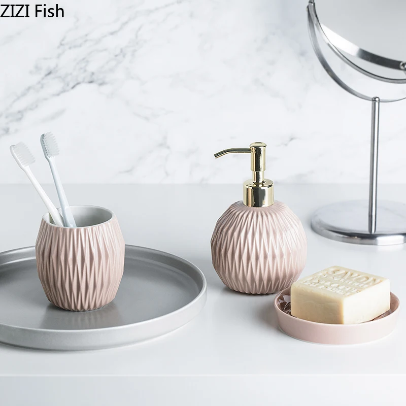 5-piece Set Ceramics Bathroom Accessory Set Washing Tools Bottle Mouthwash Cup Soap Toothbrush Holder Household Articles