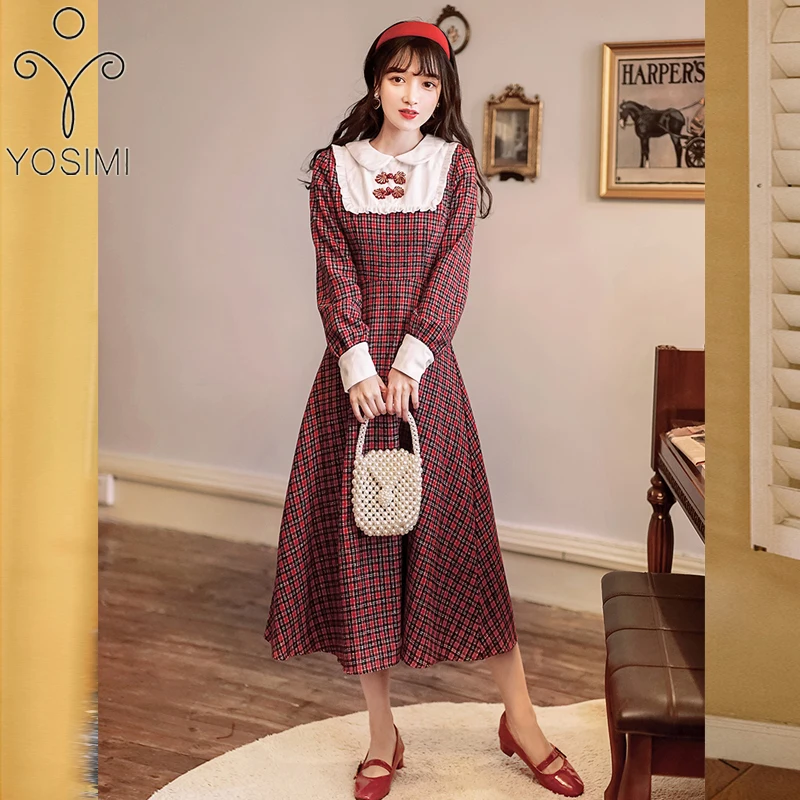 

YOSIMI Vintage Plaid Women Dress Mid-calf 2020 Autumn Winter Preppy Style Red Wine Vestidos Peter Pan Collar Long Sleeve Dresses