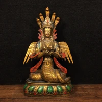 10chinese folk collection old bronze painted nagarjuna 5 snake head nuwa empress human snaketail sitting buddha ornaments