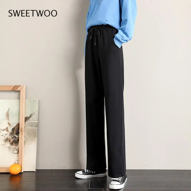 Sports Casual Pants Autumn Women Running Loose Straight Trousers High Waist Solid Color Wide-Leg Cotton Pants