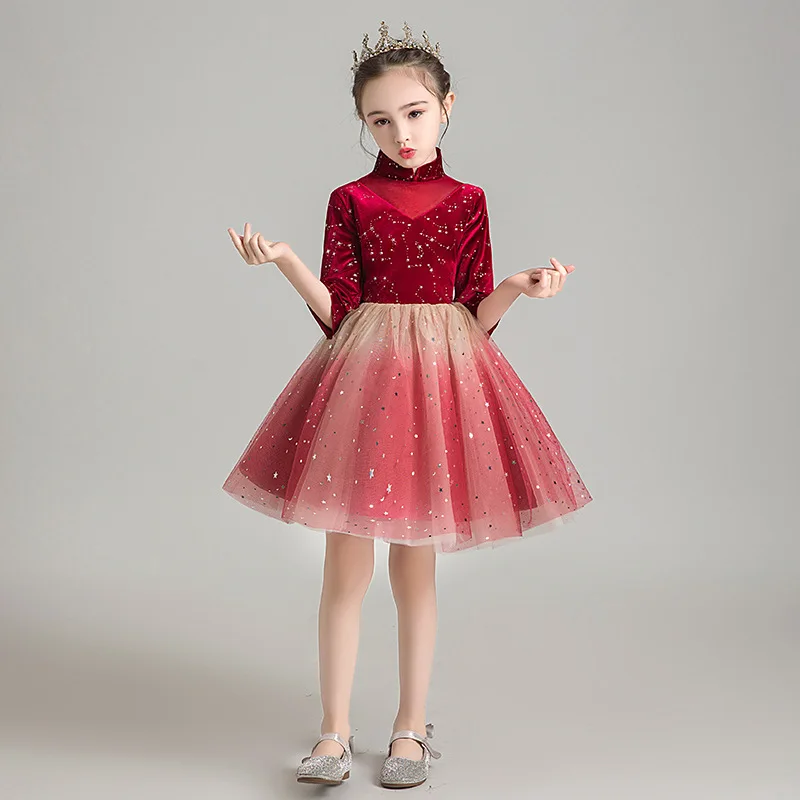 Осенне-зимнее детское вечернее платье принцессы с цветами для девочек из