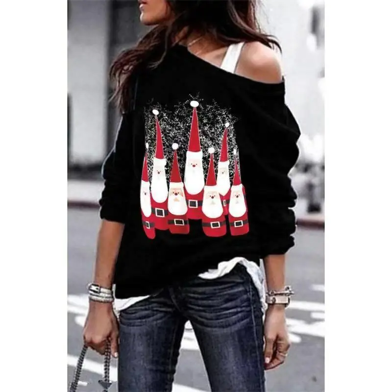 

Fashion Women Blouse Casual Santa Blouse Top Ladies Cold Shoulder Loose Long Sleeve Blouses Top Streetwear