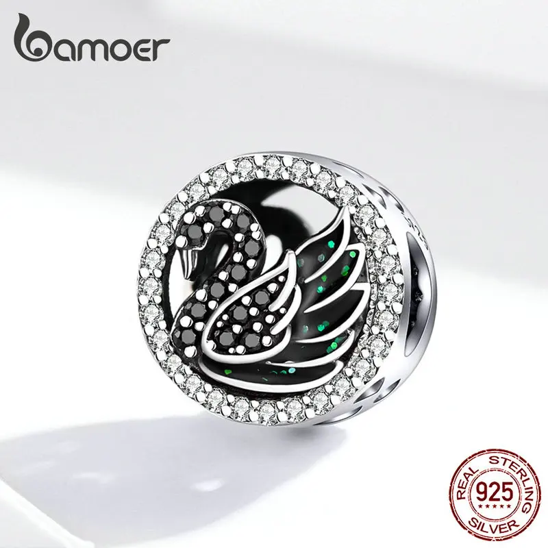 Bamoer, Черный лебедь, круглые бусины для женщин, для изготовления ювелирных изделий, серебро, 925, Шарм, подходит для браслета и браслета, дизайнерские ювелирные изделия SCC1342