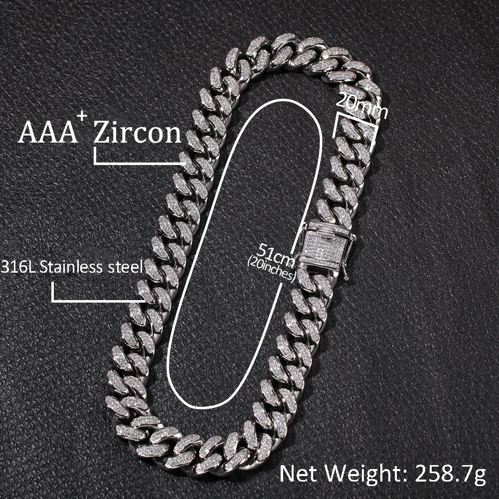 Uwin 20 мм кубинская цепочка из нержавеющей стали с кубическим цирконием роскошное