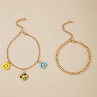 hi man 2 pcsset korean mixed small round beads acrylic color flower anklet women classic all match friendship gift jewelry