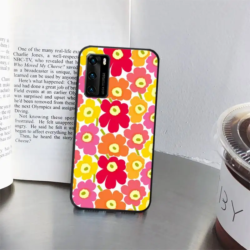 

Marimekko Pink Flower Soft Silicone Black Phone Case for huawei P40 pro lite P8 P9 P10 P20 P30 psmart 2019 2017 2018