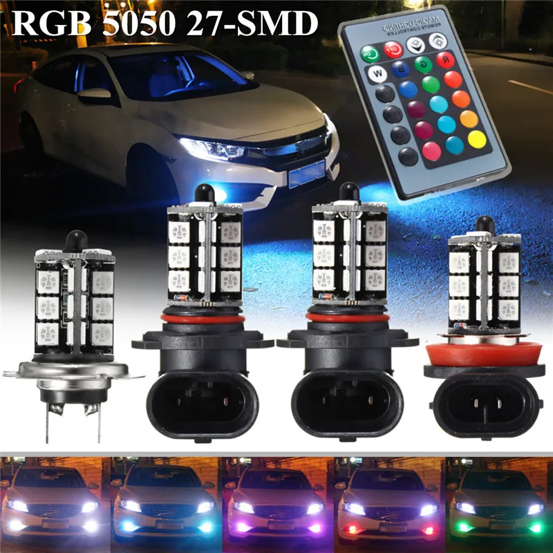 

H7/H11/9005/9006 Super Bright 2pcs Headlight Fog/Driving Light Lighting Bulb-5050 RGBW LED 27SMD +24 keys Remote Control