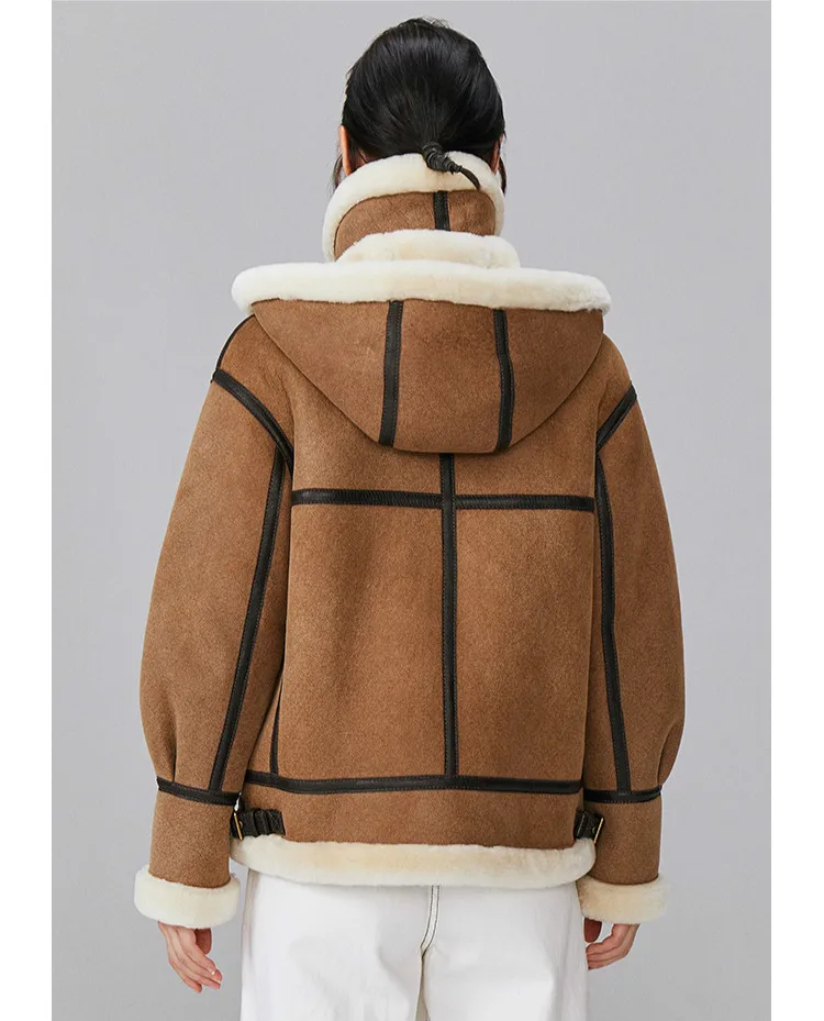 Высококачественное Женское пальто из овечьей шерсти кожаная куртка с капюшоном