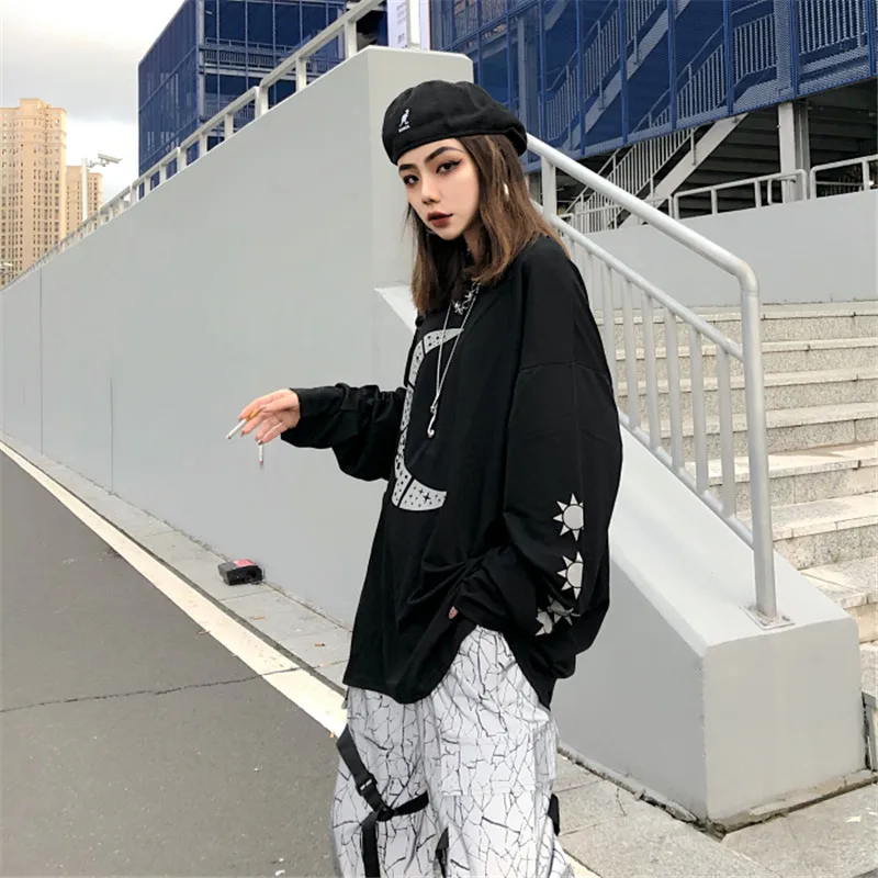 Lychee Harajuku Женская толстовка с принтом черные женские футболки осенние женские футболки с вырезом лодочкой футболки свободные женские футболки