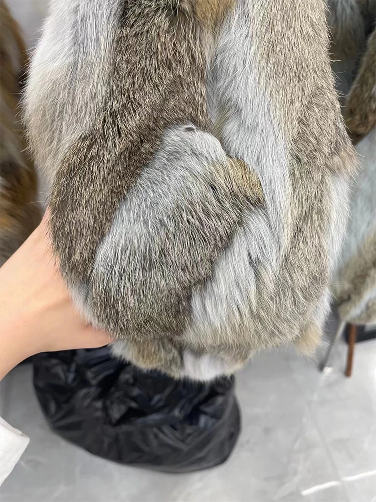 Winter Fashion Warm Super Soft Real Natural Rabbit Fur Collar Jacket Coat Rabbit Fur Outerwear Overcoat