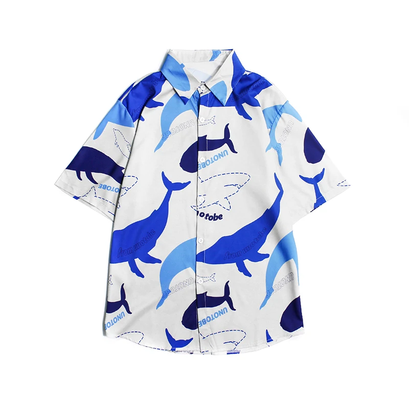 

Summer New Women And Men Loose Straight Shirt Vintage Hip-Hop Trend Street Whale Full Print Short-Sleeved Fashion Shirt