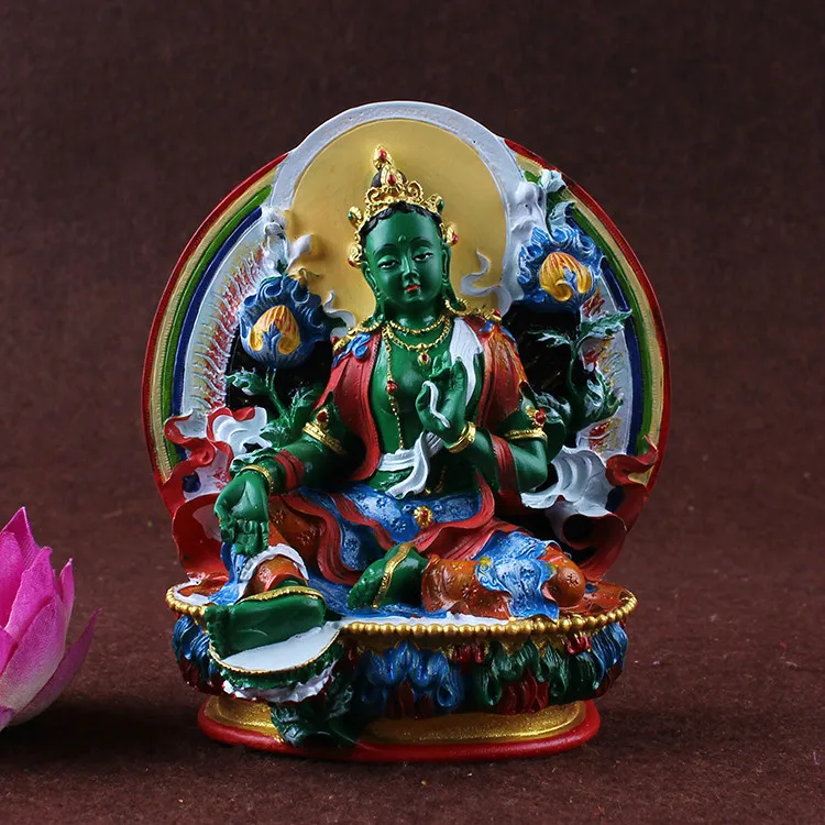 

MISFORTUNES, GREEN TARA, BODHISATTVA STATUE, TIBETAN TANTRIC, HAND PAINTED, SMALL STATUES, FIGURINE ~