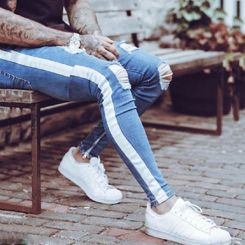 Мужские узкие эластичные рваные джинсы синие потертые зауженные в стиле хип хоп