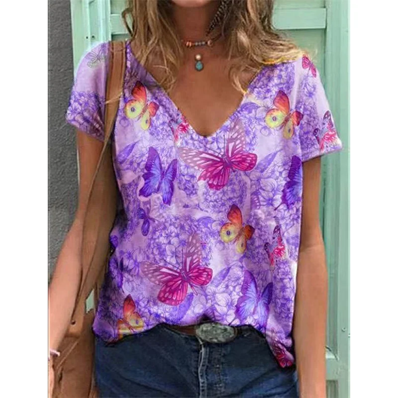 

Summer Butterfly Flower Print Loose Tshirt Women's Casual V-neck Short Sleeve Shirt Tees Female Vintage Y2K Pullover Streewear
