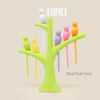 tableware dinnerware sets creative tree birds design plastic fruit forks 1 base and 6 forks hot sale vegetable fork