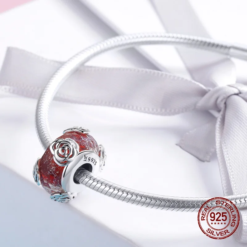 Стеклянные бусины с красной розой подвеска для браслета Шарм-подвеска из