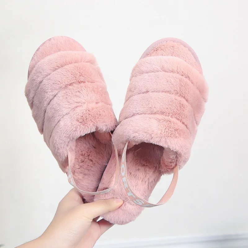 Liam Fuzzy/домашние тапочки с ремешком; женские зимние плюшевые шлепанцы с открытым носком; Милая обувь на нескользящей подошве