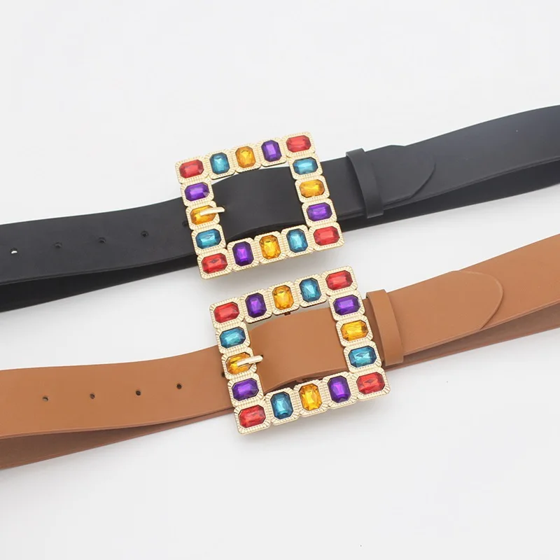 

Leisure Women Width Belt Faux Leather Pin Buckle Waistband New Design Alloy Square Buckle Fancy Diamond Mosaic Belts For Women