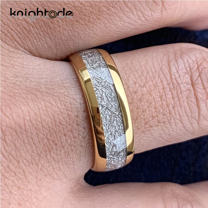 Кольца для мужчин и женщин с инкрустацией из белого метеорита золотой