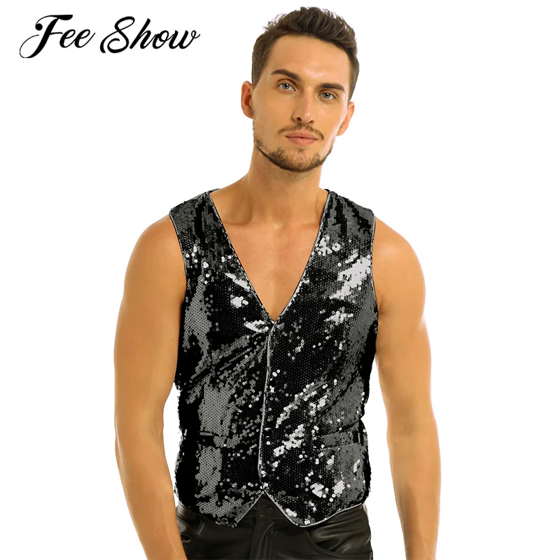 Мужской модный приталенный костюм с блестящими пайетками жилет v-образным