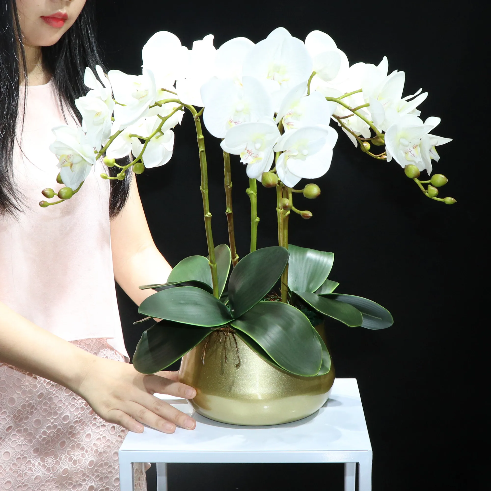 

Цветочная Орхидея Индиго-белая, «сделай сам» (5 шт. орхидеи + 3 шт. листьев + ваза), реальная яркость, украшение офиса, центральный элемент