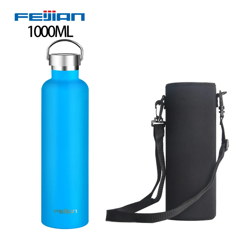 1000ml with sleeve FEIJIAN термос из нержавеющей стали с двойными стенками, термос с вакуумной изоляцией, герметичная Спортивная бутылка для воды, Стандартный рот - Цвет: 1000ml with sleeve